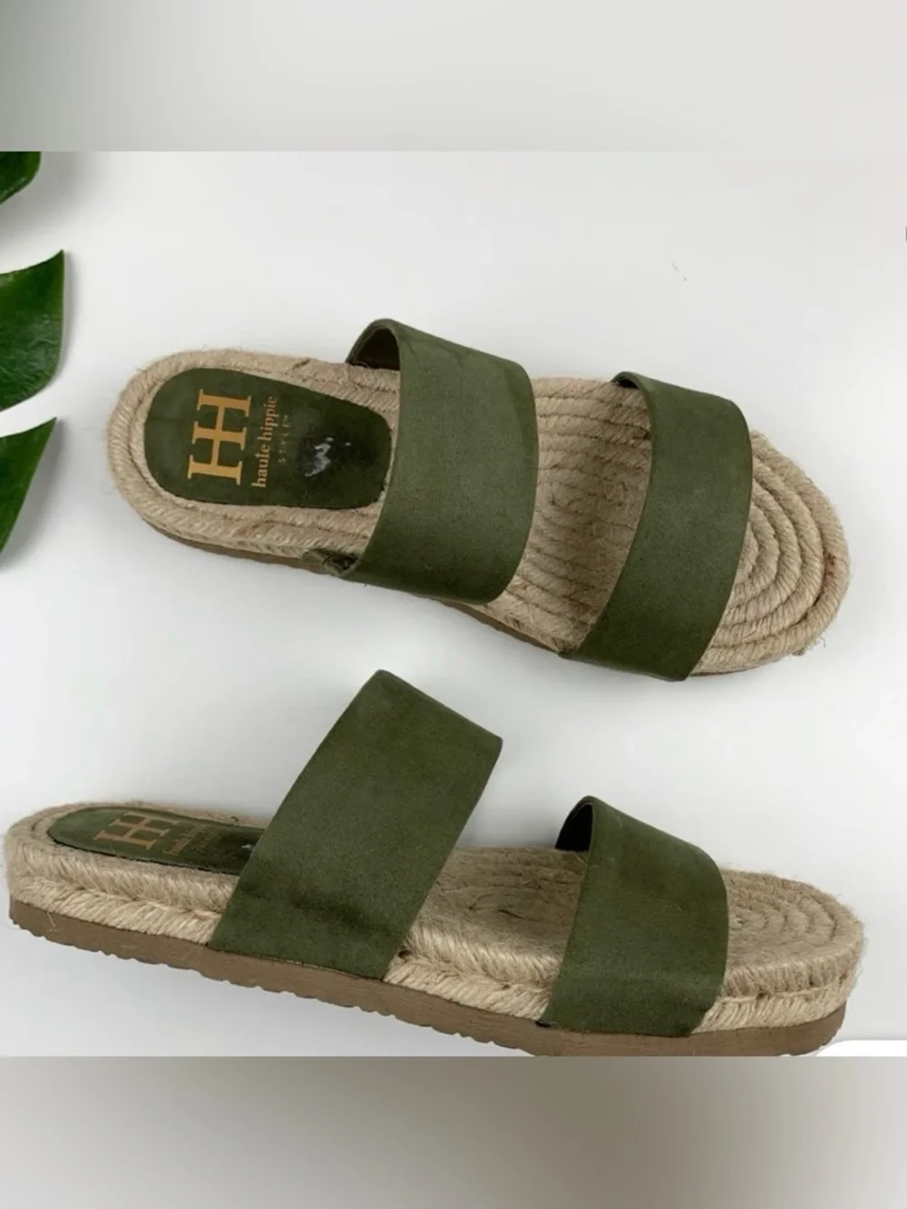 Haute Hippie boho Olive Suede Double-Strap Espadrille Slides size 9